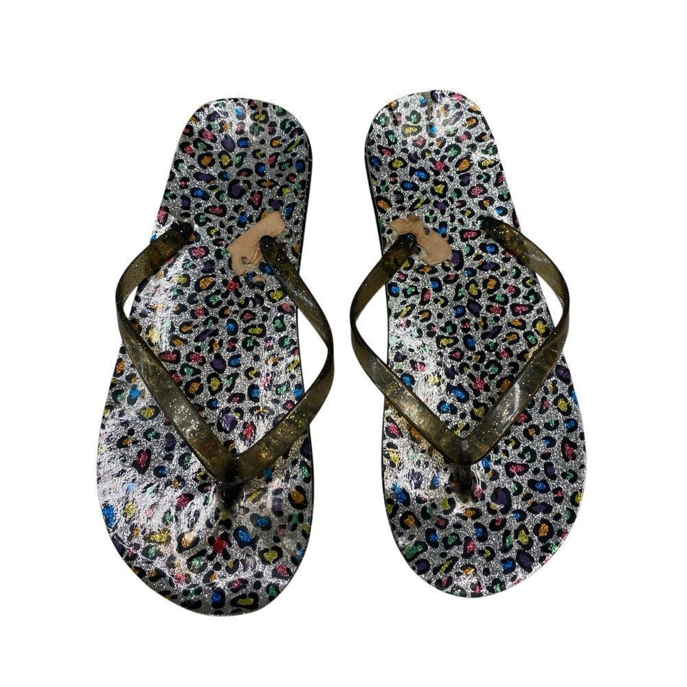 Flawed Metallic Silver Multicolor Leopard Print Glitter Flip Flops Sandals Size7